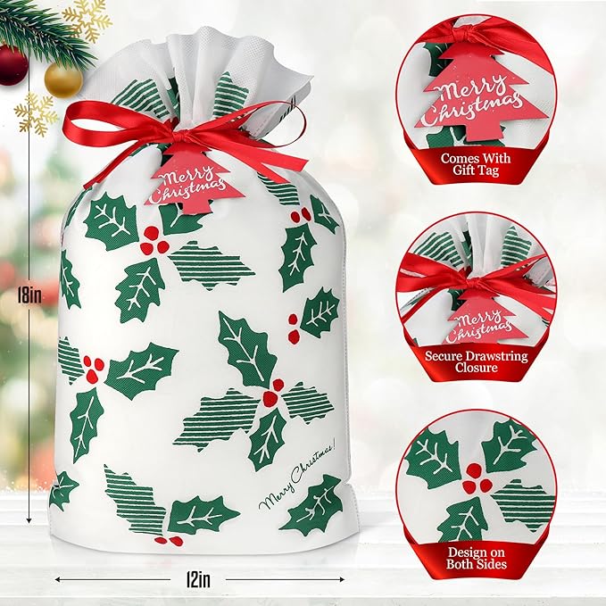 Fabric Gift Bags for Christmas Presents - Set of 6 Christmas Bags with Drawstring, Large Gift Bags for Presents, Xmas Gift Wrap, Reusable Drawstring Bags for Gifts (Holly Large)