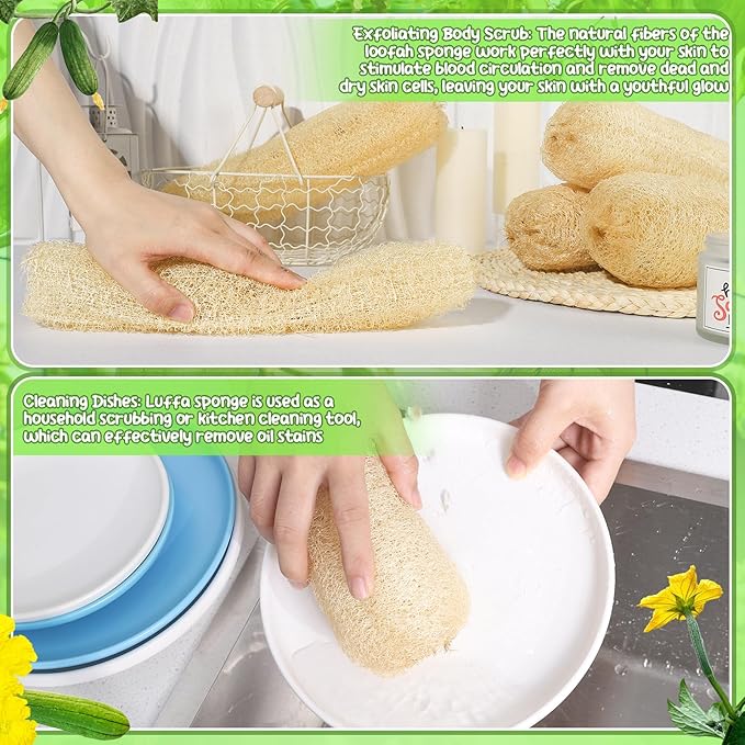 11.8 inches Natural Loofah Sponges Pack of 6, for Kitchen Dishes Body Scrubber