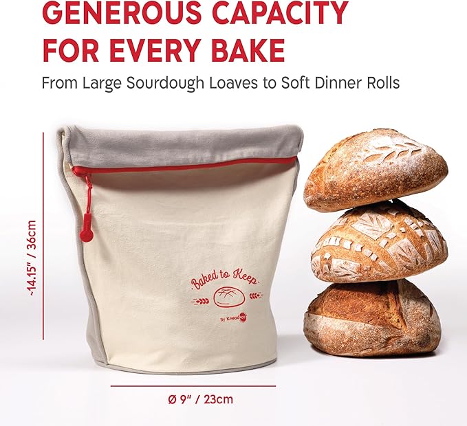 KNEADACE Reusable Bread Bags for Homemade Bread -Stylish Sourdough Bread Storage with Roll-Top Design, 100% Cotton & Food-Safe Lining, Freezer & Refrigerator Friendly, Gift for Bakers (Gray/Cream)