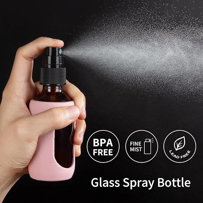 HOMBYS Empty Amber Glass 2oz Small Spray Bottles with Silicone Sleeve Protection - Refillable Containers for Travel, Cleaning Solutions, Essential Oils, Sanitizers - Fine Mist Spray - 4 Pack-Amber