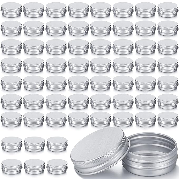 Patelai 64 Pieces Lip Balm Tin Containers Screw Top Round Tin Cans Aluminum Jar with Screw Lid, Empty Bottle Travel Cosmetic Sample Container for DIY(0.5 oz,Silver)