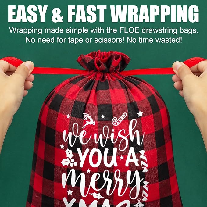 16 PCS Christmas Drawstring Gift Bags with Tags, Buffalo Plaid Large Xmas Gift Bags Assorted Sizes Bulk, Cotton Fabric Holiday Gift Bag Jumbo Medium Small Xmas Wrapping Bag for Presents Party Favors