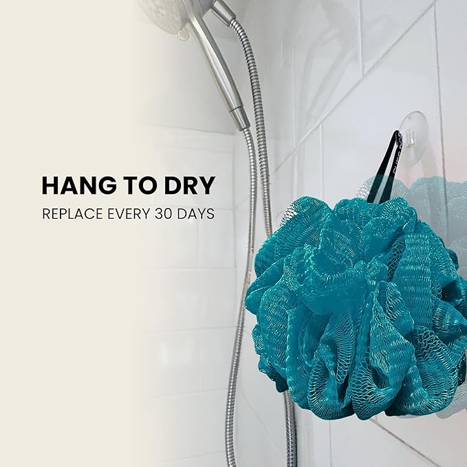Large Bath Sponge Pack of 3 – Gentle Exfoliation Loofahs with Suction Cup for Easy Drying, Soft 70G Mesh Poufs for All Skin Types, Lather for Daily Use (Tropical Green)