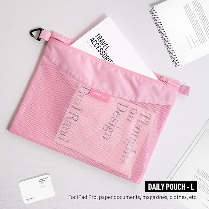 pack all 3 Pcs Water-resistant Material Zipper Pouch Set, Mesh Zipper Bags for Storage, Travel, Office (Pink)