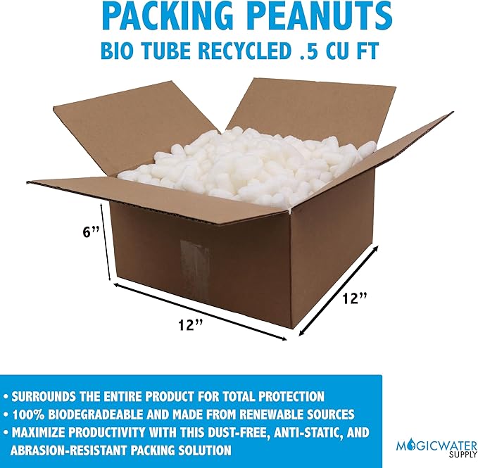 Magicwater Supply - 0.5 Cu Feet - Bio Tube Recycled Anti Static Packing Peanuts - Compostable & Biodegradable Cushion for Shipping - Dust-Free & Abrasion Resistant - Void Filler