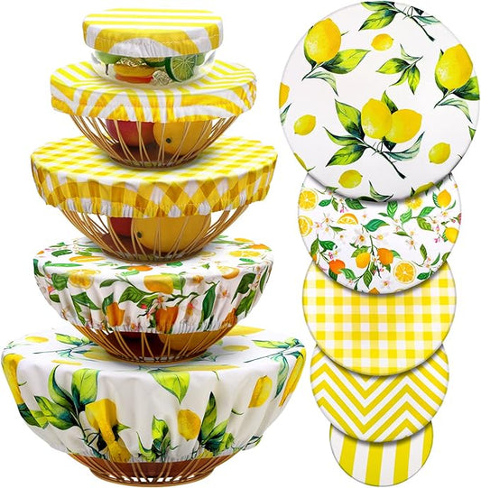 10 Pack Cloth Bowl Covers for Bread Rising - 5 Size Stretch Elastic Food Storage Container Lids - Reusable Cotton Fabric Covers for Food, Fruits, Leftovers (Lemon)