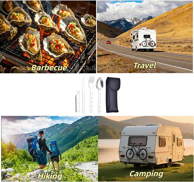 4-in-1 Camping Spoon Fork Knife Combos Set of 4 - Portable Stainless Steel Flatware Spoon Fork kit - fork Knife & Bottle Opener Combo Pack for Picnic Hiking Travel