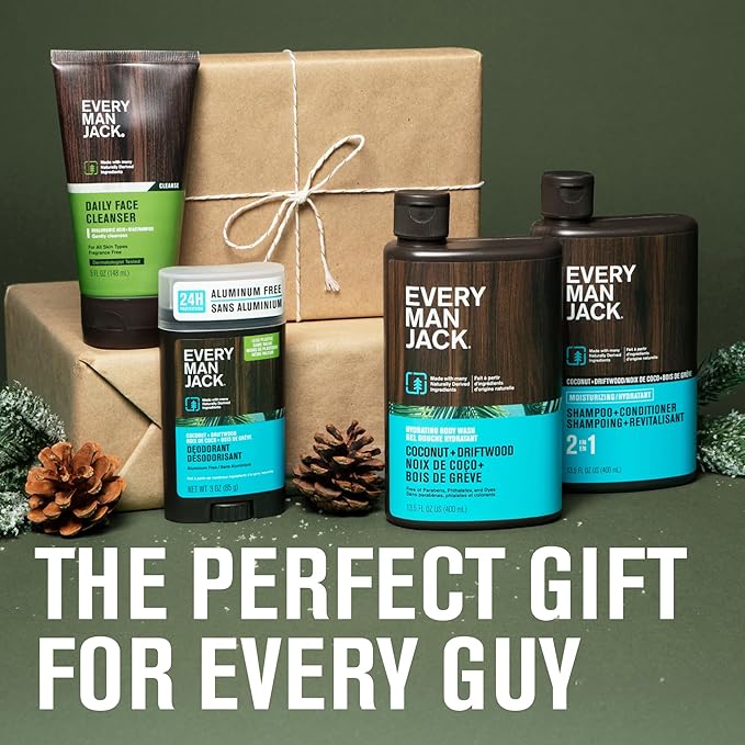 Every Man Jack Men's Bath and Body Gift Set - Coconut + Driftwood Scent - Clean Ingredients - Includes Hydrating Body Wash, 2-in-1 Shampoo, Aluminum-free Deodorant & Face Wash