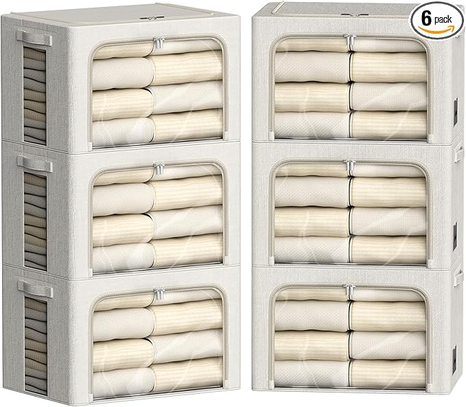 FHSQX 6 Pack Clothes Storage Bins with Metal Frame Foldable Storage Bins for Clothes Linen Fabric Storage Box with Clear Window (Lvory White, 15.7x11.8x7.8inch(22L))