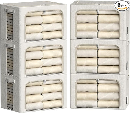 FHSQX 6 Pack Clothes Storage Bins with Metal Frame Foldable Storage Bins for Clothes Linen Fabric Storage Box with Clear Window (Lvory White, 15.7x11.8x7.8inch(22L))