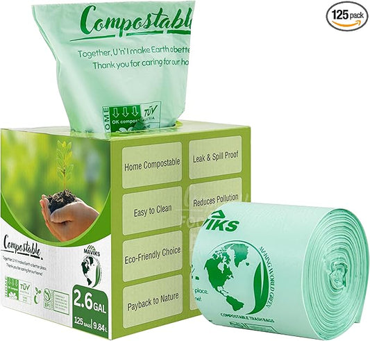 Super Durable Biodegradable Compostable Trash Bags 2.6 Gallons / 9.84 Liter, Green Biodegradable Trash Bags 125 Pcs, Small Kitchen Compost Bags for Countertop Bin, BPI & OK Compost Certified