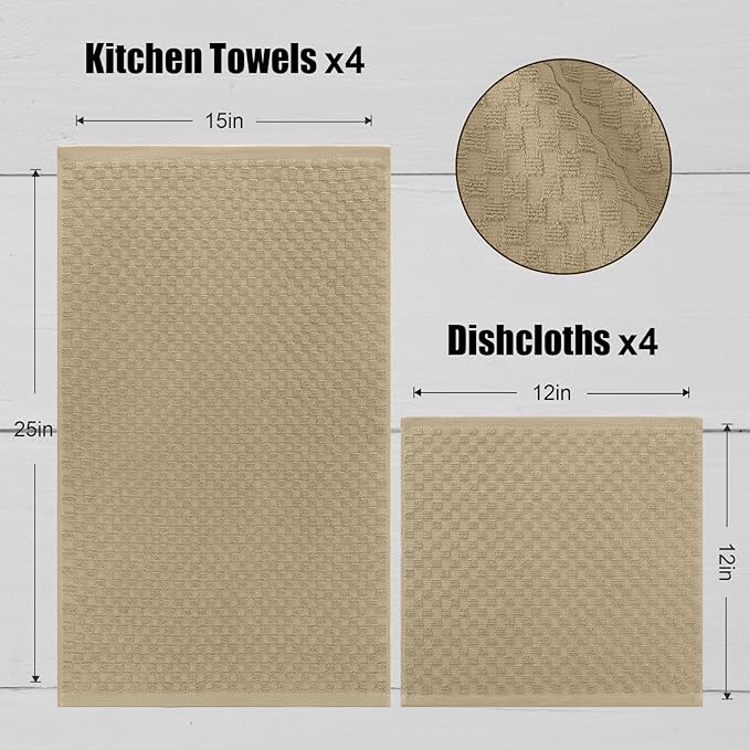 Fintale 100% Cotton Kitchen Towels and Dishcloths Set, 12 x 12 & 15 x 25 Inches, Set of 8 Bulk Super Soft and Absorbent Terry Cloth Dish Towels, Quick Drying Hand Towels with Hanging Loop, Tan