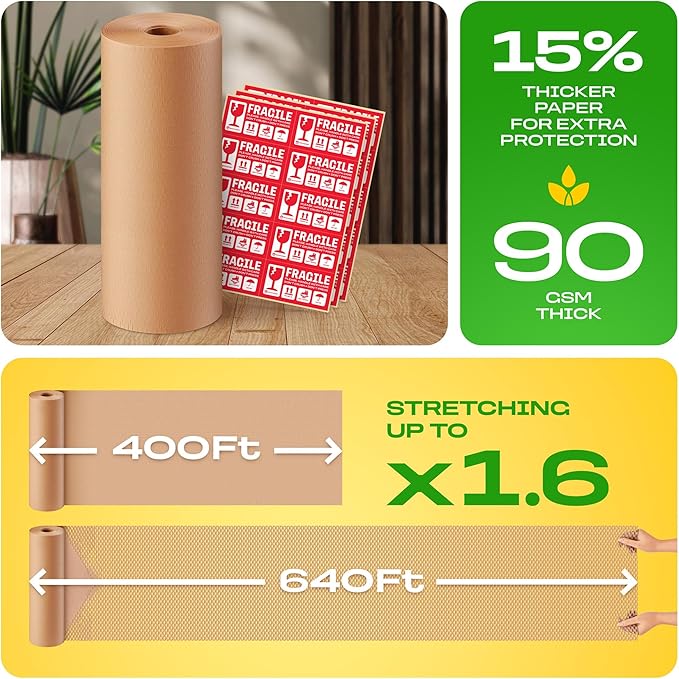 Honeycomb Packing Paper | Extra Thick 90 GSM Packing Wrap | Biodegradable Packing Materials: 15” x 400’ Moving Paper + 30 Fragile Stickers | Paper Bubble Wrap/Packing Bubbles Substitute