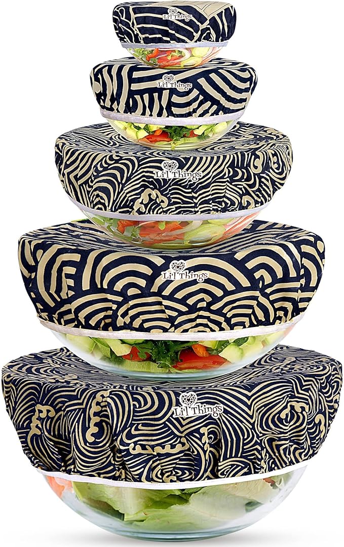 Li’l Things Beeswax Bowl Covers – Reusable Wraps Set of 5 | Organic Cotton, Beeswax & Jojoba | Eco-Friendly, Washable Lids for Bread Proofing, Jars, Pet Food (XS–XL) - Japanese Waves