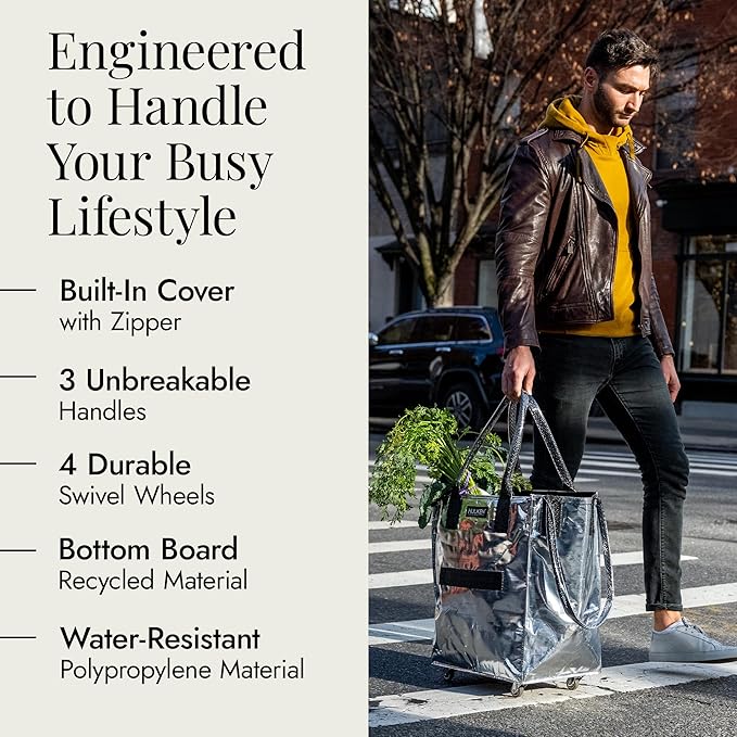 HULKEN (Medium, Silver) Reusable Grocery Bag On Wheels, Shopping Trolley, Rolling Tote, Zipper Closure, Lightweight, Carries Up to 66 lb, Folds Flat, Unbreakable Handles