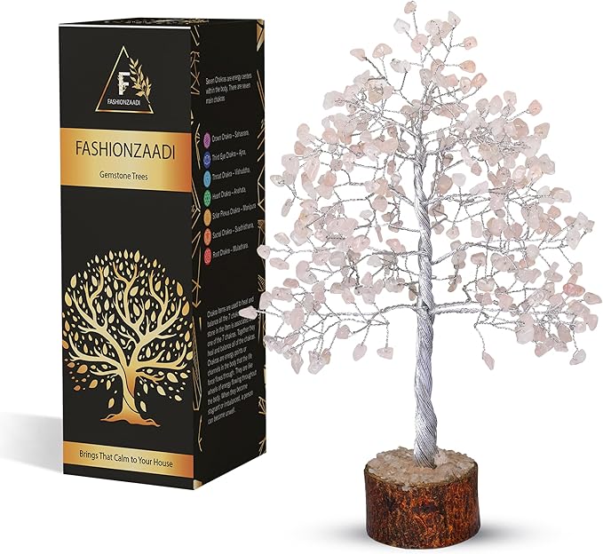 FASHIONZAADI Rose Quartz Crystal Tree, Silver Wire Feng Shui Gemstone Decor, Chakra Healing Stones Crystal Decor, Artificial Bonsai Money Tree, Good Luck Spiritual Gifts for Women & Men