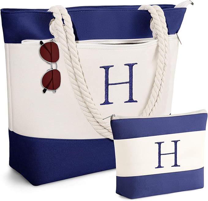 YOOLIFE Christmas Gifts for Women - Personalized Initial Canvas Beach Bags for Women Gifts for Mom Teacher Friend Birthday