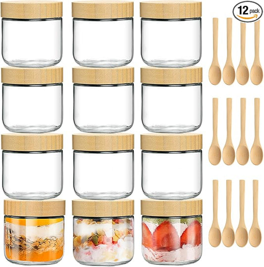 12 Pack 10oz Glass Jars with Bamboo Lids, Spoons, Airtight Overnight Oats Containers, Salad & Yogurt Storage, Mason Jars for Snacks, Spices, Meal Prep – Reusable