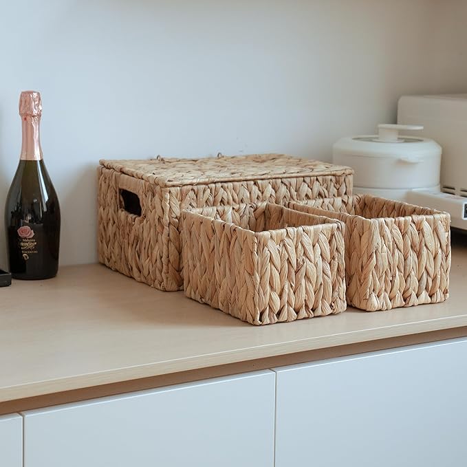 Water Hyacinth Storage Baskets with Handles Set of 3 , Handmade Natural Woven basket with lid, Rustic Farmhouse Style for Shelf Home Organization