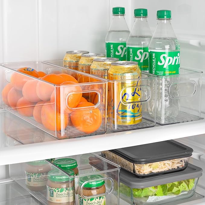 primebox Plastic Food Storage 4 Pack Clear Container Bin with Handles for Organizing Kitchen, Pantry, Refrigerator, Freezer, Pantry, Cabinet, Closet, Bathroom. 14”x4”x4”