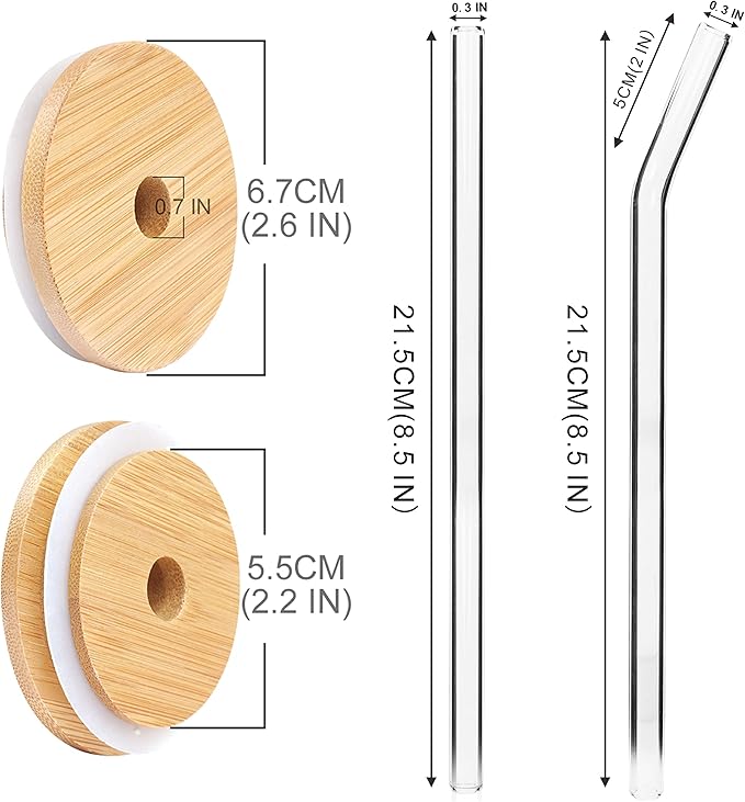 ANOTION Bamboo Lids for Can Shaped Glass, Mason Jar Lids with Straw Hole, 4 Reusable Bamboo Drinking Lid for Regular Mouth Mason Jar with 4 Reusable Glass Straw for Coffee Cup