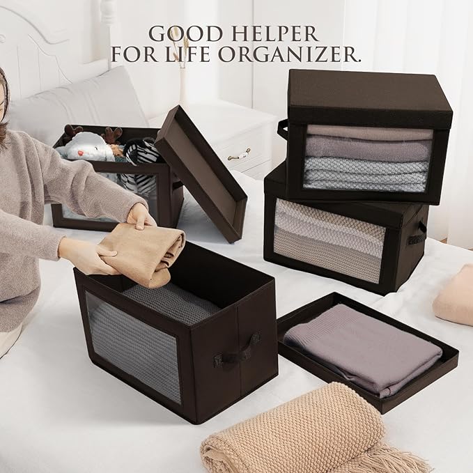Brown Fabric Storage Bins with Lids - 6 Pack Modern Lidded-Home Storage Bins, 14 Inch. - Perfect for Clothes, Books, CD, Office Supplies