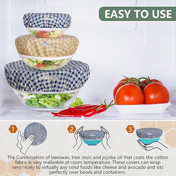 Li’l Things Beeswax Bowl Covers – Reusable Wraps Set of 5 | Organic Cotton, Beeswax & Jojoba | Eco-Friendly, Washable Lids for Bread Proofing, Jars, Pet Food (XS–XL)- Checkered Plaid