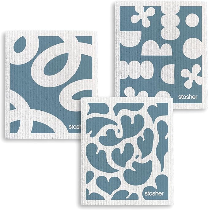 Stasher Reusable Swedish Dishcloths 3-Pack, Geometric Print, 7” W x 8” L, Washable, Absorbent, 100% Biodegradable, Odor & Stain Resistant, Eco-Friendly Kitchen Paper Towel Alternative