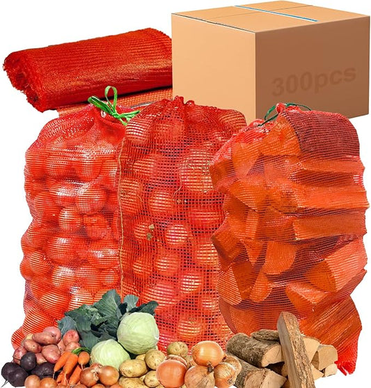 300 Pack 20'' x 14'' Mesh Onion Bags, Reusable Drawstring Fresh Produce Storage Bags for Onions, Vegetables, Potatoes, Citrus, Crawfish Firewood