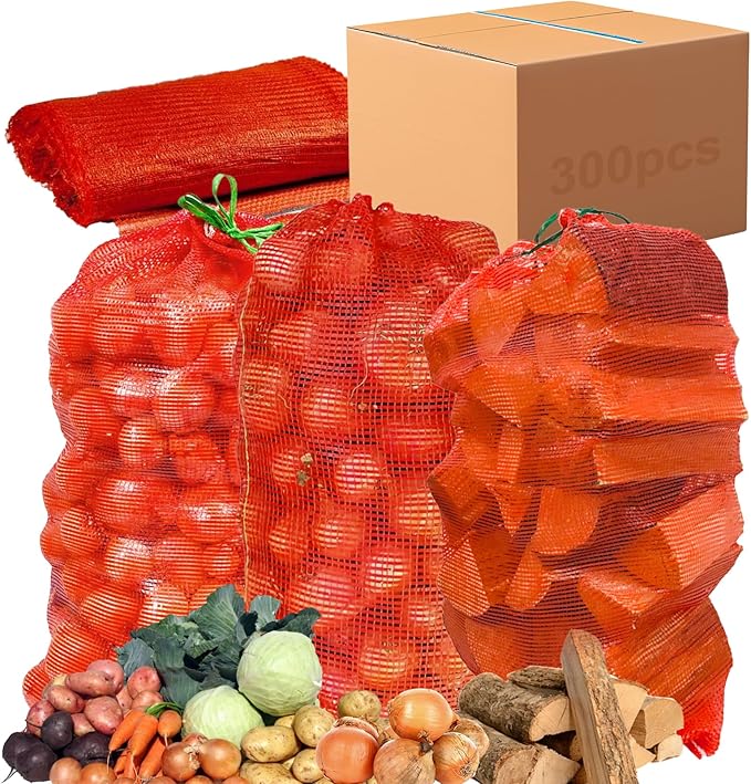 300 Pack Mesh Onion & Potatoes Storage Bags – 31'' x 20'' Reusable Drawstring Bags for Onions, Potatoes, Citrus, Vegetables, Crawfish & Firewood – Bulk Fresh Produce Bag