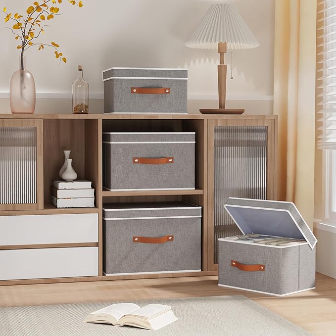 Fabric Storage Bins with Lids, Linen Foldable Clothes Boxes, Closet Organizer Containers with Double Handles, Baskets for Bedroom, Grey, 5 Pack, 13 x 9.1 x 7.9 Inch