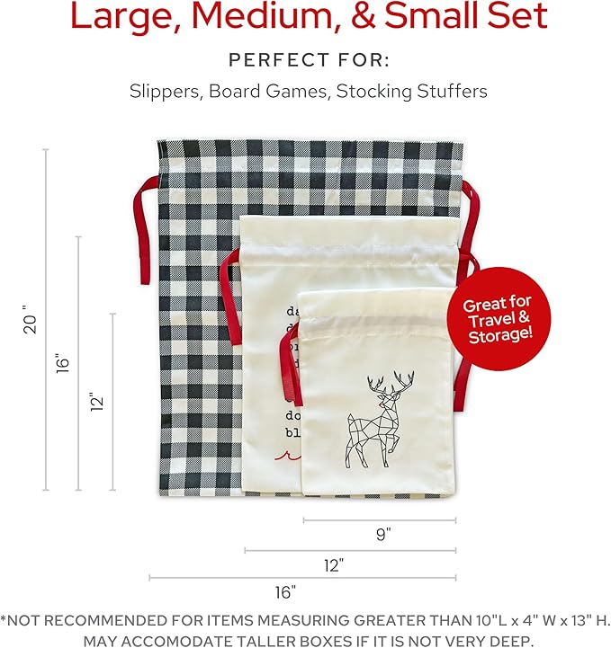 Gather & Knot Drawstring Christmas Gift Bags | 20" Large 16" Medium |Reusable Reindeer Fabric Gift Wrap for Holidays | Mix & Match Set