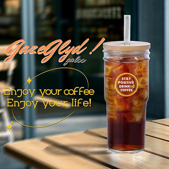 2 Pcs Glass Cups with Lids and Straws, 20oz/600ml Ice Glass Coffee Cups with Lids, Reusable Wide Mouth Tumbler with & Leakproof Metal Lid & Eco Bamboo Lid & Cleaning Kit