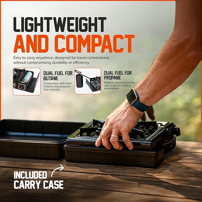 Portable Camping Stove with Plastic Suitcase 3000W Dual Fuel Compatable with Butane or Propane Fuel Tanks, Automatic Ignition, Precise Heat Control, for Camping, Hiking, and Outdoor Cookwing