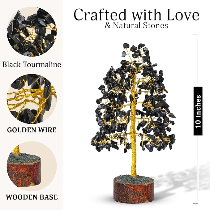 FASHIONZAADI Black Tourmaline Gemstone Tree - Feng Shui Money Bonsai Tree for Home Decor - Black Tourmaline Crystal Spiritual Gift - Good Energy Chakra Stone 10 Inch - Good Luck Stones and Crystals