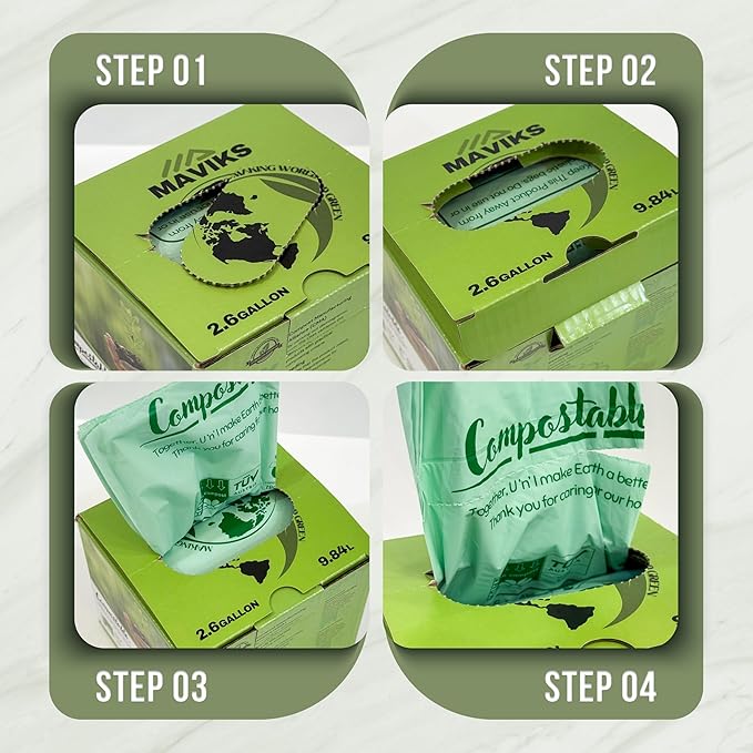 Super Durable Biodegradable Compostable Trash Bags 2.6 Gallons / 9.84 Liter, Green Biodegradable Trash Bags 100 Pcs, Small Kitchen Compost Bags for Countertop Bin, BPI & OK Compost Certified