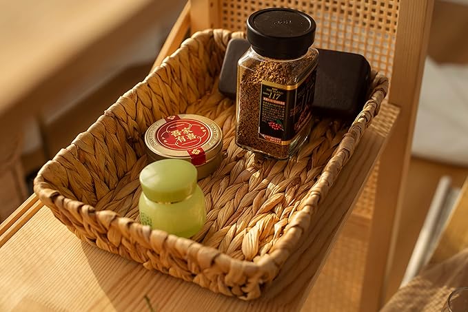 Hand-Woven Large Storage Baskets, Water Hyacinth Wicker Baskets for Organizing,Woven Baskets, Organizer, Natural Container，13.38” x 9.5” x 2.75”
