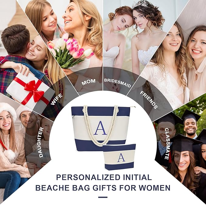 YOOLIFE Christmas Gifts for Women - Personalized Initial Canvas Beach Bags for Women Gifts for Mom Teacher Friend Birthday
