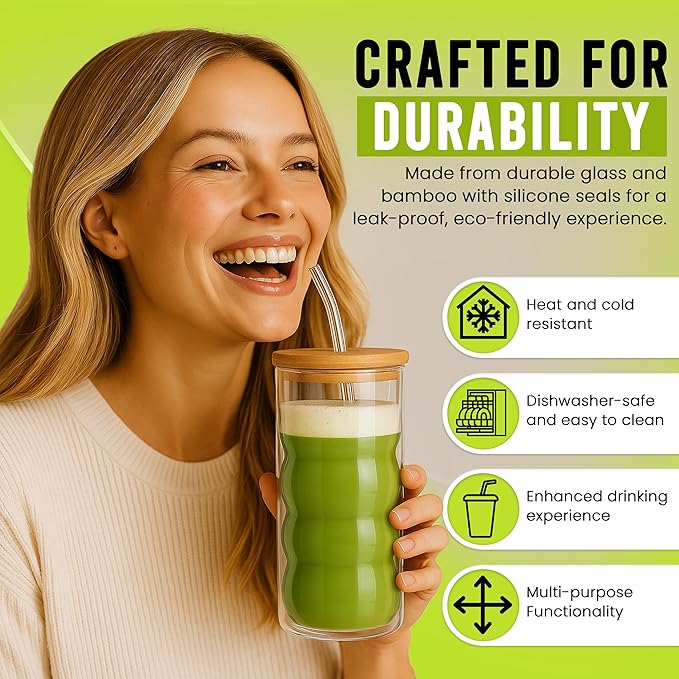 HAPPY PATH & CO. 2 Double Wall Glass Cups with Lids and Straws 16oz (480ml) - Glasses Drinking Set | Glass Tumbler with Bamboo Lid | Ribbed Bubble Glass Cups for Matcha, Coffee and Other Smoothies
