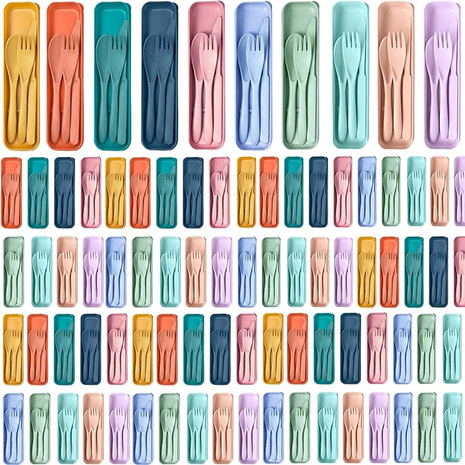 Lasnten 200 Set Reusable Utensils Set with Case Wheat Straw Utensils for Christmas Operation Bulk Items, Plastic Portable Spoon Knives Fork Bulk for Charities Nurseries Christmas Shoe Box Gift Project