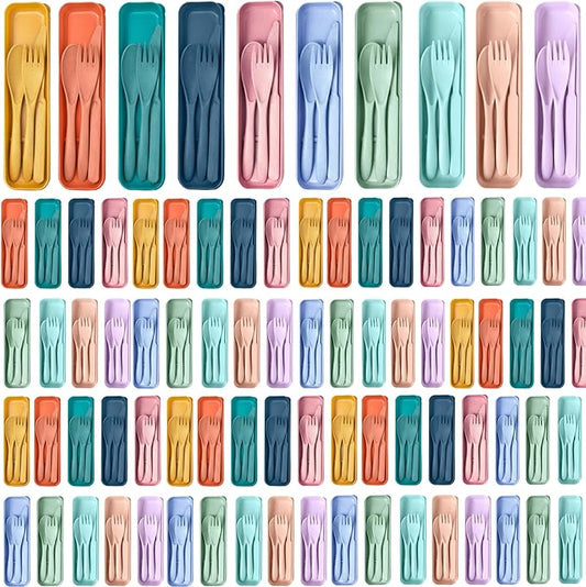 Lasnten 200 Set Reusable Utensils Set with Case Wheat Straw Utensils for Christmas Operation Bulk Items, Plastic Portable Spoon Knives Fork Bulk for Charities Nurseries Christmas Shoe Box Gift Project