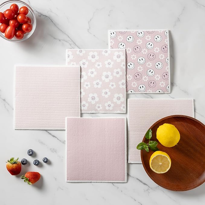 COOK WITH COLOR Eco-Friendly Reusable Swedish Dishcloths for Kitchen - Pack of 8 Reusable Paper Towels, Biodegradable Cellulose Sponge Cloths- Assorted Designs and Colors, Pink Floral