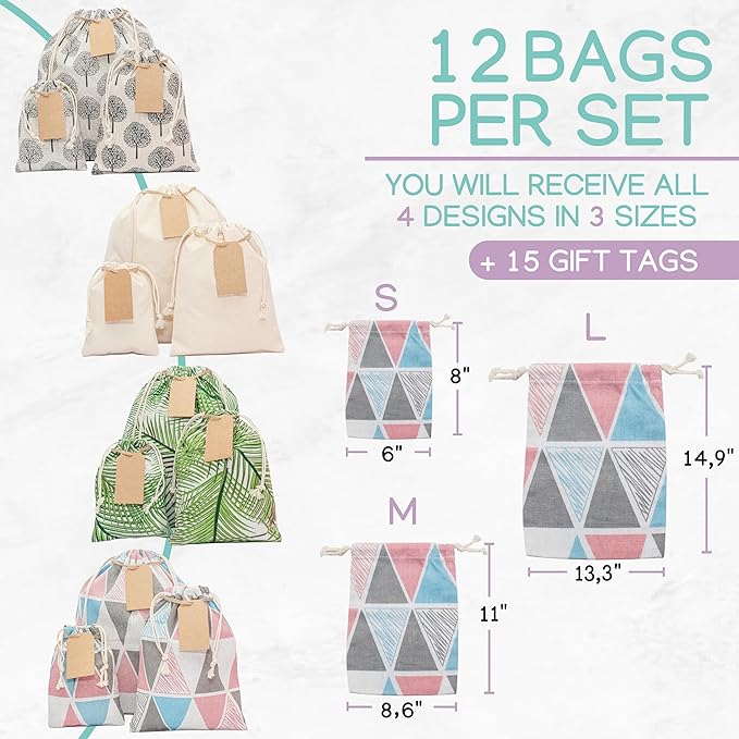 12 pcs Reusable gift bags. Bonus: 15 Gift tags & String. Multipurpose Gift wrap bags. Fabric gift bags. Gift bags assorted sizes for Holiday gifts, birthdays, parties. 7th Ed.