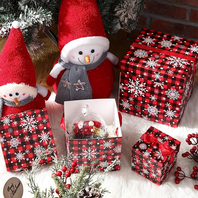 3 Pcs Christmas Nesting Gift Boxes Buffalo Plaid Xmas Stackable Boxes Black Red Decorative Xmas Nested Present Boxes with Lids and Ribbon for New Year Birthday Party Gift(Snowflake)