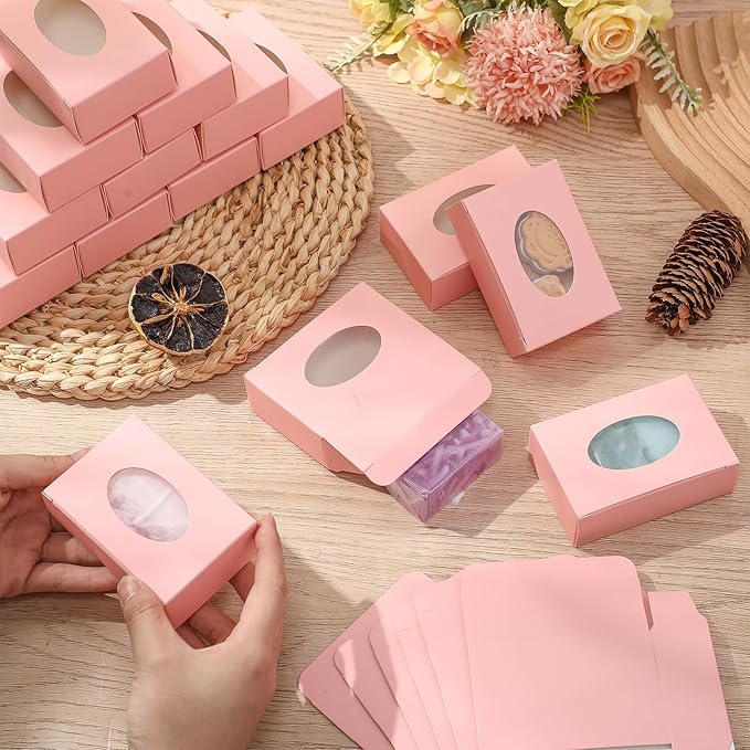 TaoBary 100 Pcs Soap Boxes for Homemade, 3 x 3 x 1.2 Inch Small Paper Gift Packaging Boxes with Window, Gift Wrappers for Soap Packaging Making Party Favor(Oval, Pink)