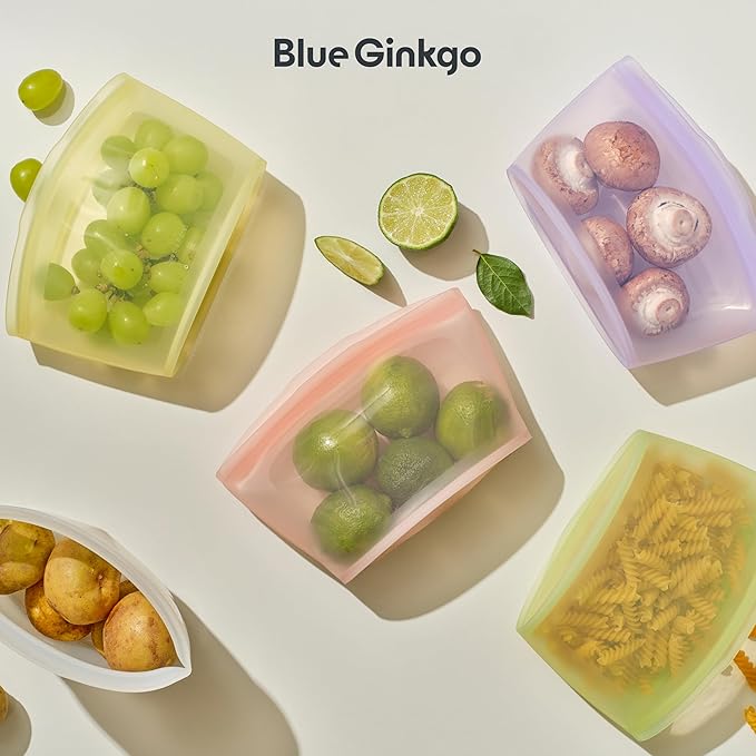 Blue Ginkgo Reusable Silicone Storage Bags – 3-Pack | Korean-Made Stand Up Food, Freezer Bags - Lavender