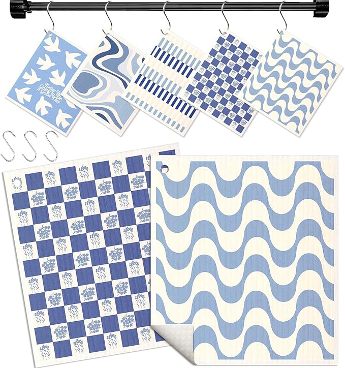 Swedish Dishcloths for Kitchen with Hooks - Reusable Dish Cloths for Washing Dishes Fast Drying Cute Fun 5 Pack Swedish Dish Towels Washable Cleaning Sponge, Blue Geometrical