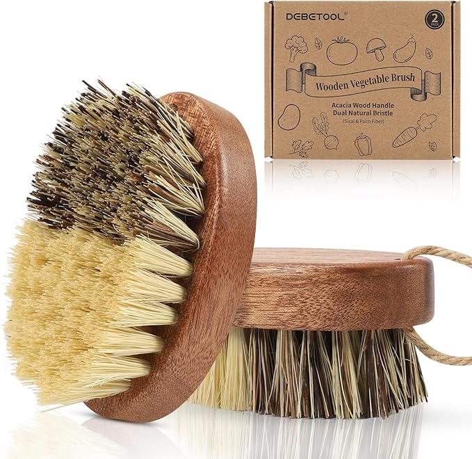 2 Pack Wooden Vegetable Brush Scrubber for Food - Dual Bristle Potato Brush Scrubber with Hanging Rope | Natural Compostable Kitchen Vegetable Scrubber for Potatoes, Carrots, Fruits