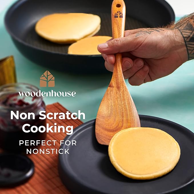 Wooden Utensil Set 8 Pcs – Sturdy & Easy to Clean, Natural Teak Wooden Spoons for Cooking – Non-Scratch Cooking Utensils with Spatula, Turner, Ladle, Spoons, Holder, Spoon Rest, 6 Hooks Kitchen Gifts