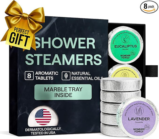 Aromatherapy Shower Steamers Gift Set – Mint, Eucalyptus, Sandalwood, Lavender – Essential Oil Vapor Shower Tablets, Individually Wrapped Melts, Spa Presents for Women & Men - New Year Gifts